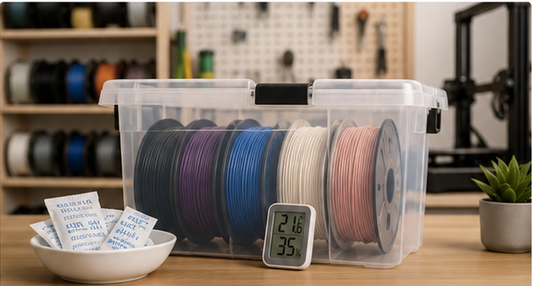 Filamentrollen in einer Trockenbox mit Silicagel und Hygrometer zur richtigen Lagerung von 3D-Druck-Filament